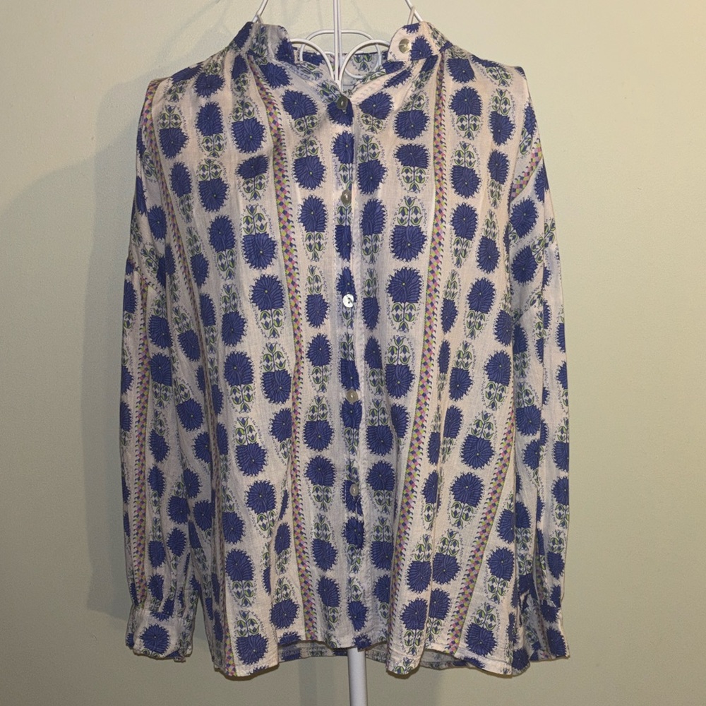 Chic Blue Patterned Women's Blouse